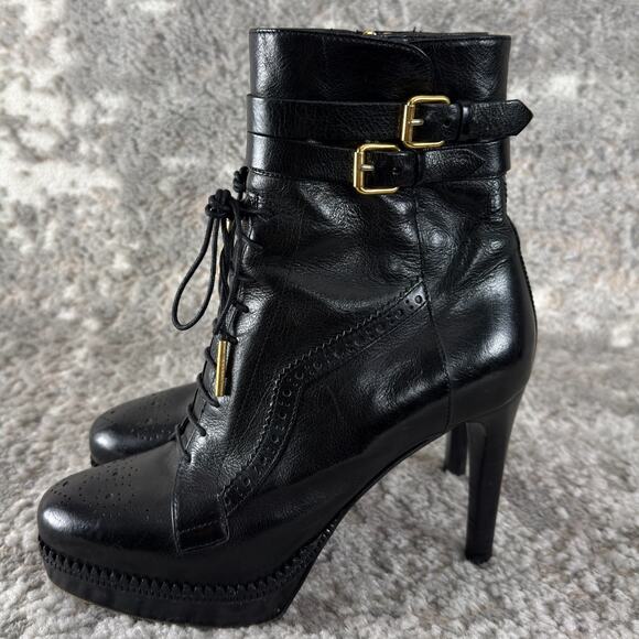 BURBERRY Size 39EU 9US Black Leather Brogue Manners 100 Platform Boots Buckle - Picture 5 of 8